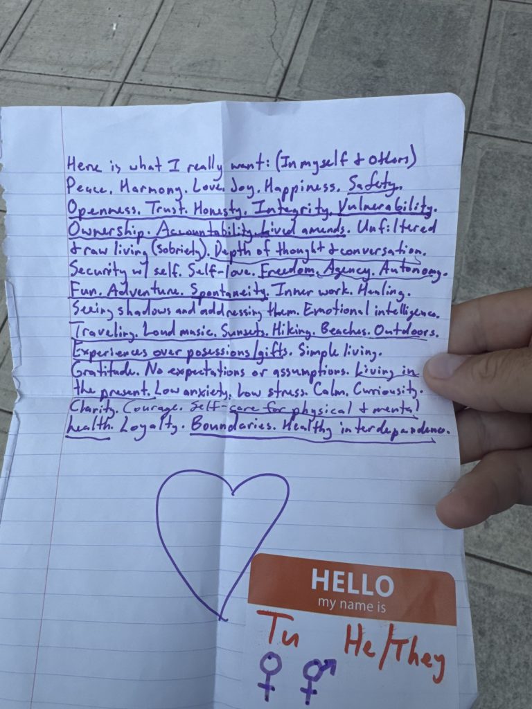 Living_On_Purpose_v1.zip 4 Handwritten list for setting intentions, what I want in myself and others, with a heart and a Hello my name is sticker