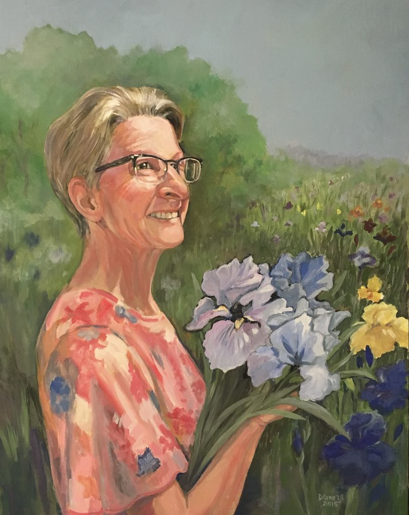 Oil painting of Tukayote's late mother, a smiling woman with short blonde hair and glasses, wearing a coral floral top and holding a bouquet of blue, lavender, and yellow irises in a flower field