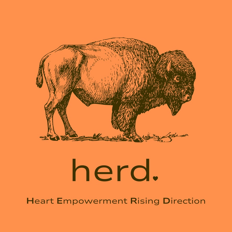 Orange graphic with a line drawing of a bison above the word herd, spelling out Heart Empowerment Rising Direction